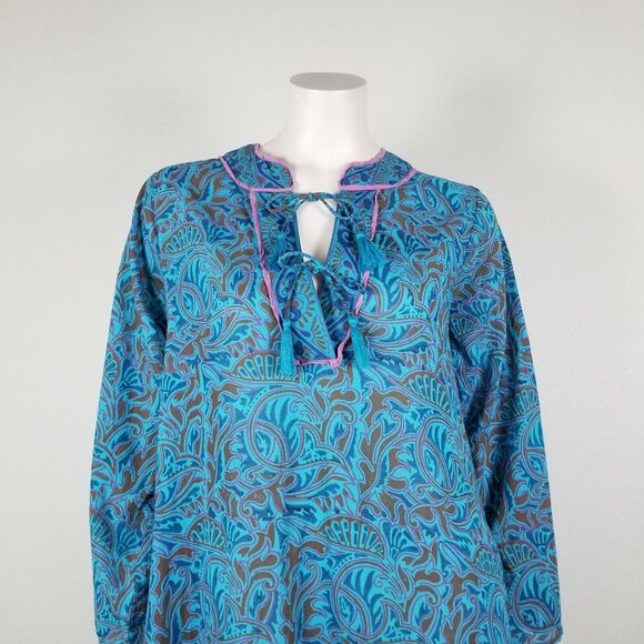 Cleobella Blue Bria Zuri Block Print Kaftan Midi Dress No Belt Size XS *Damaged - Picture 3 of 16